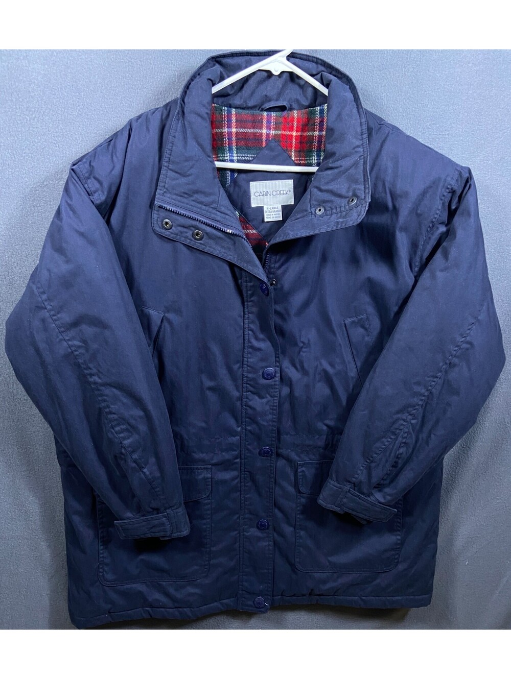 Women’s Cabin Creek Hooded Coat Jacket Blue Plaid Lining Drawstring Waist XLarge